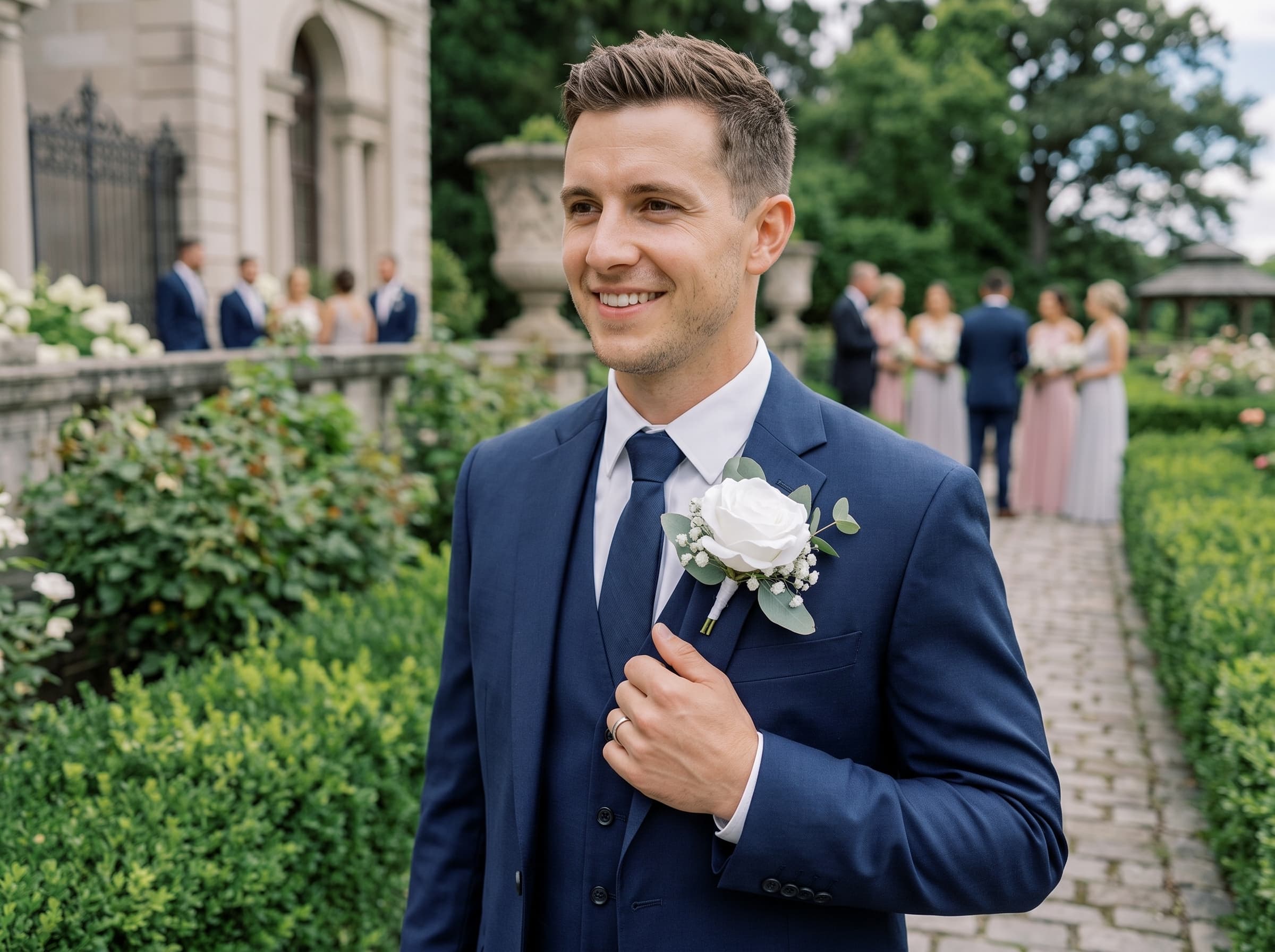 Groom boutonniere — garden